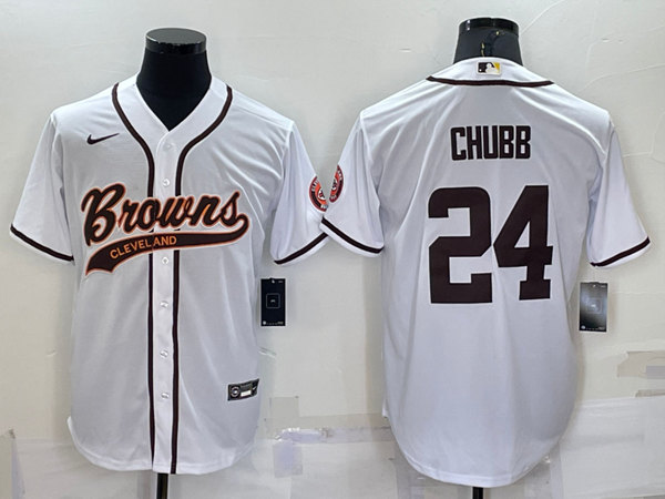 Men's Cleveland Browns #24 Nick Chubb White With Patch Cool Base Stitched Baseball Jersey