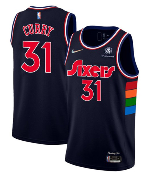 Men's Philadelphia 76ers #31 Seth Curry 2021/22 City Edition Navy 75th Anniversary Stitched Swingman Jersey