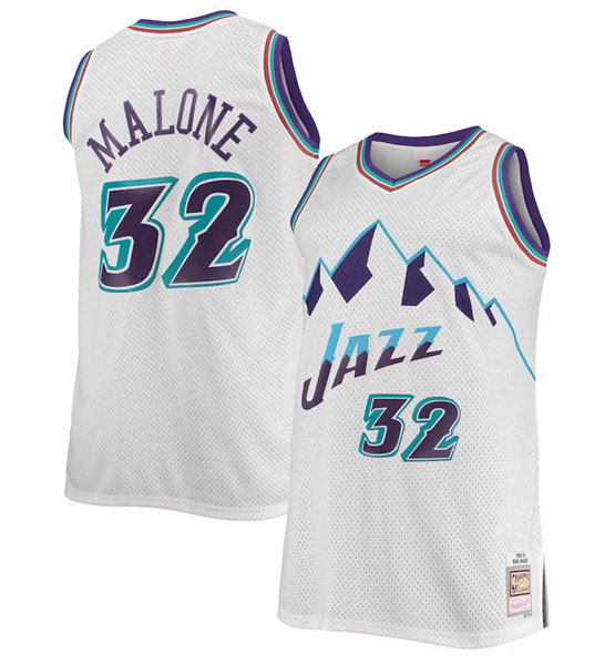 Men's Utah Jazz #32 Karl Malone White Mitchell & Ness Stitched Jersey