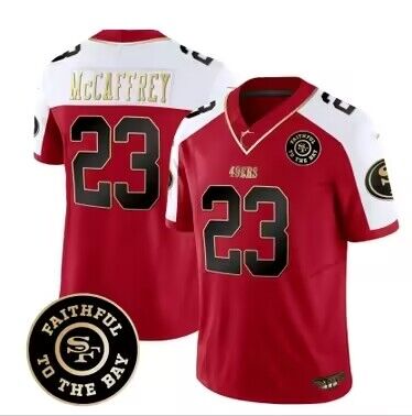 Men's San Francisco 49ers #23 Christian McCaffrey Red/White 2023 F.U.S.E. Faithful To The Bay Patch Football Stitched Jersey