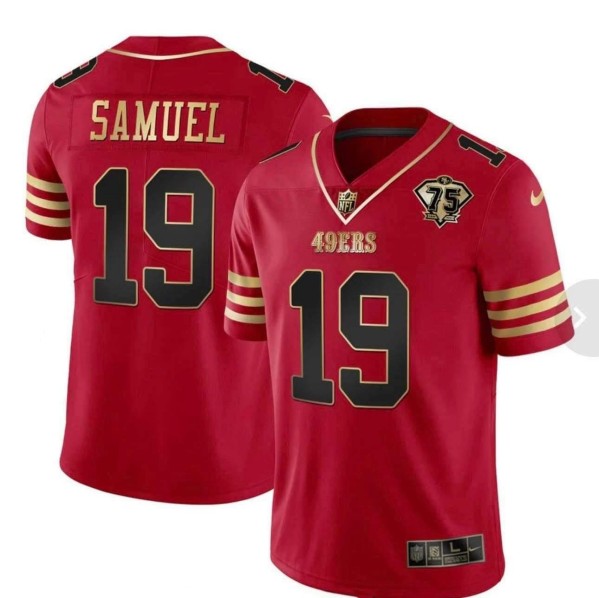 Men's San Francisco 49ers #19 Deebo Samuel Red With 75th Anniversary Patch Stitched Football Jersey