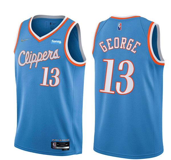 Men's Los Angeles Clippers #13 Paul George 2021/22 City Edition Light Blue 75th Anniversary Stitched Basketball Jersey