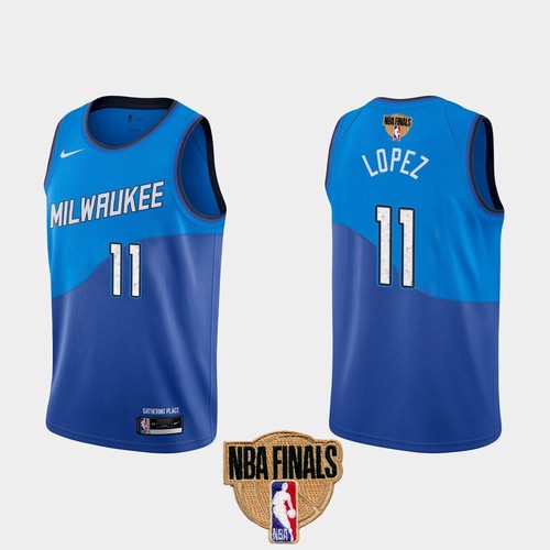 Men's Milwaukee Bucks #11 Brook Lopez 2021 NBA Finals Blue City Edition Stitched NBA Jersey
