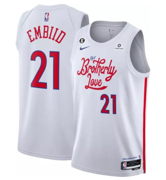 Men's Philadelphia 76ers #21 Joel Embiid White 2022/23 City Edition With NO.6 Patch Stitched Basketball Jersey