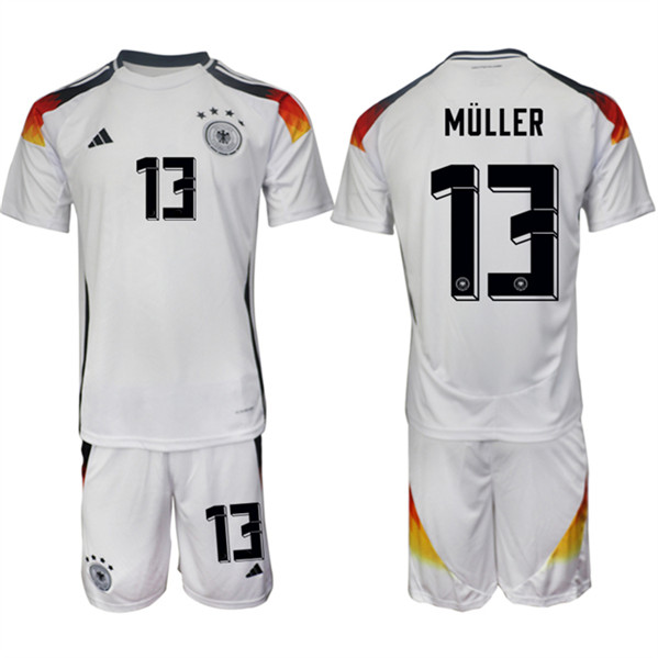 Men's Germany #13 Thomas Müller White 2024-25 Home Soccer Jersey Suit