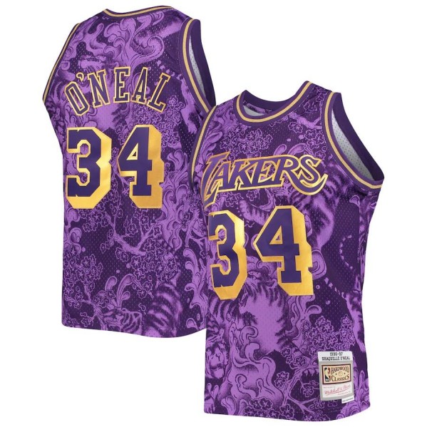 Men's Los Angeles Lakers #34 Shaquille O'Neal Purple 1996-97 Mitchell & Ness Stitched Basketball Jersey