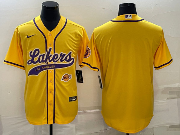 Men's Los Angeles Lakers Blank Yellow With Patch Cool Base Stitched Baseball Jersey