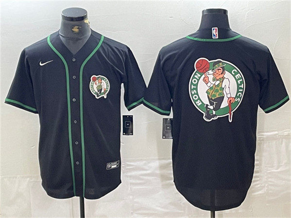 Men's Boston Celtics Black Team Big Logo With Patch Stitched Baseball Jersey