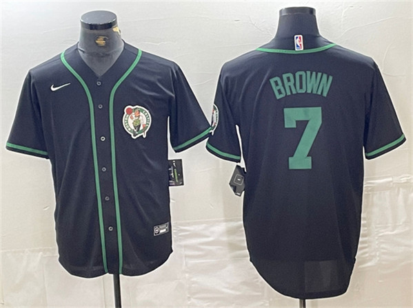 Men's Boston Celtics #7 Jaylen Brown Black With Patch Stitched Baseball Jersey