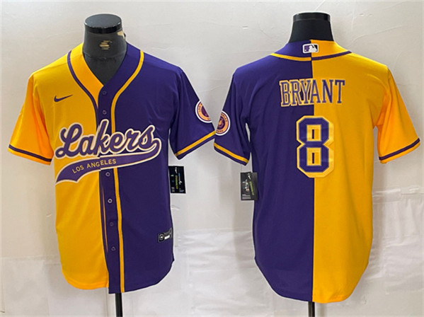 Men's Los Angeles Lakers #8 Kobe Bryant Gold/Purple Cool Base Stitched Baseball Jersey