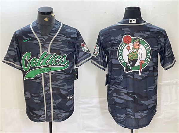 Men's Boston Celtics Gray Camo Team Big Logo With Patch Stitched Baseball Jersey