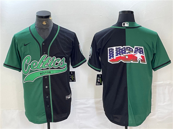 Men's Boston Celtics Team Big Logo With Patch Green/Black Split Stitched Baseball Jersey
