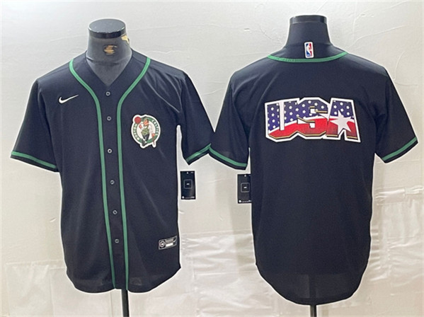 Men's Boston Celtics Black Team Big Logo With Patch Stitched Baseball Jersey