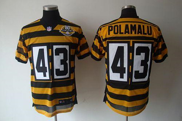Men's Pittsburgh Steelers #43 Troy Polamalu Yellow/Black 80TH Anniversary Throwback Stitched NFL Jersey