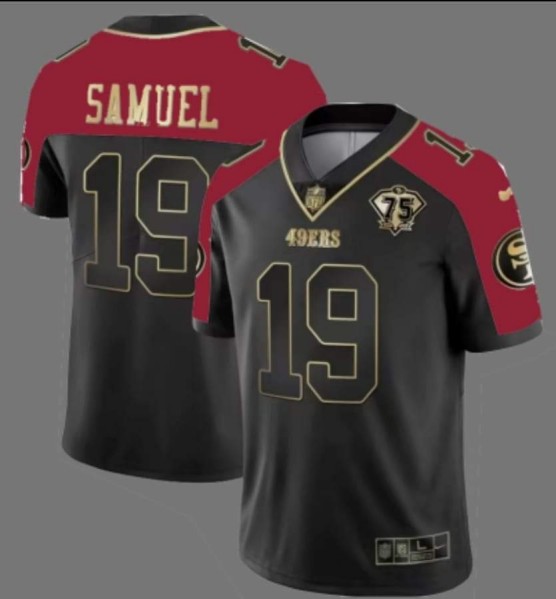 Men's San Francisco 49ers #19 Deebo Samuel Balck With 75th Anniversary Patch Stitched Football Jersey
