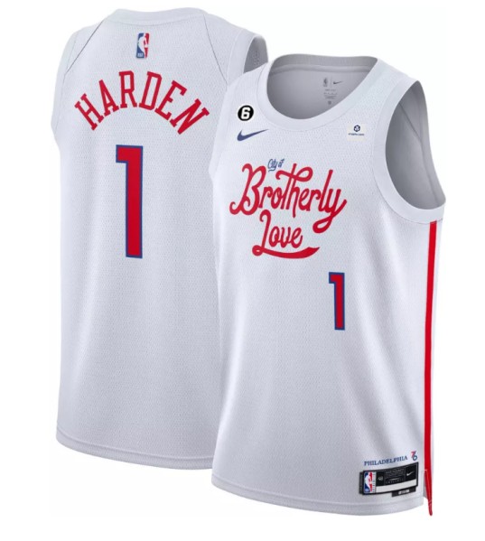 Men's Philadelphia 76ers #1 James Harden White 2022/23 City Edition With NO.6 Patch Stitched Basketball Jersey