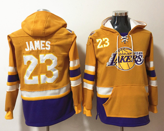 Men's Los Angeles Lakers #23 Lebron James Gold Lace-Up Pullover Hoodie