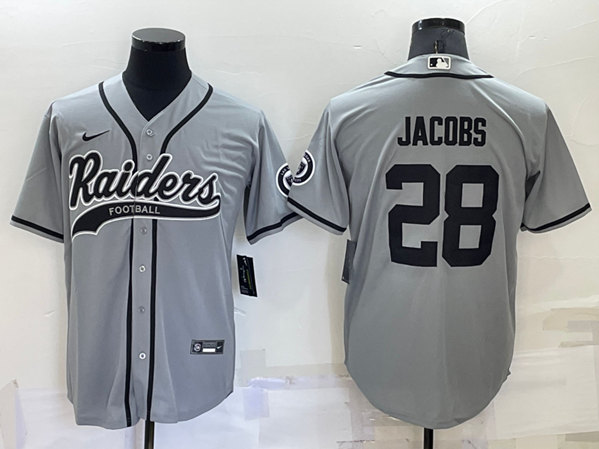Men's Las Vegas Raiders #28 Josh Jacobs Gray Cool Base Stitched Baseball Jersey