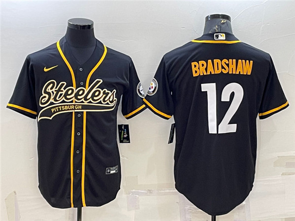 Men's Pittsburgh Steelers #12 Terry Bradshaw Black With Patch Cool Base Stitched Baseball Baseball Jersey