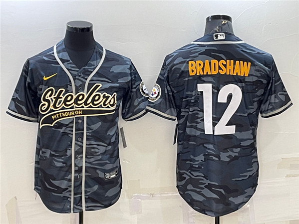 Men's Pittsburgh Steelers #12 Terry Bradshaw Grey/Navy Camo With Patch Cool Base Stitched Baseball Jersey