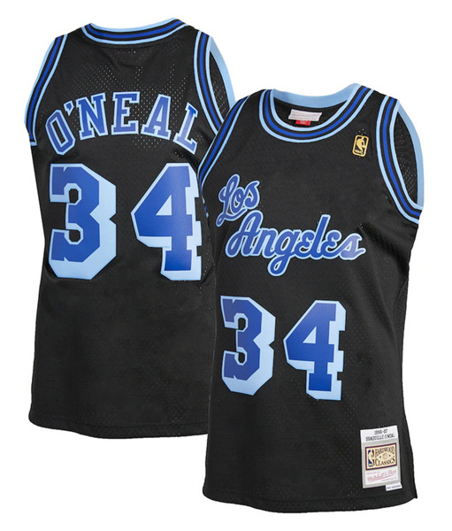Men's Los Angeles Lakers #34 Shaquille O'Neal Mitchell & Ness Black 1996-97 Hardwood Classics Swingman Stitched NBA Jersey