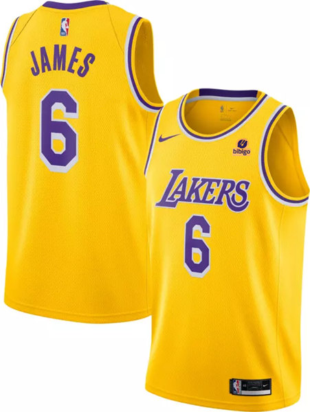 Men's Los Angeles Lakers #6 LeBron James "bibigo" Yellow Stitched Basketball Jersey