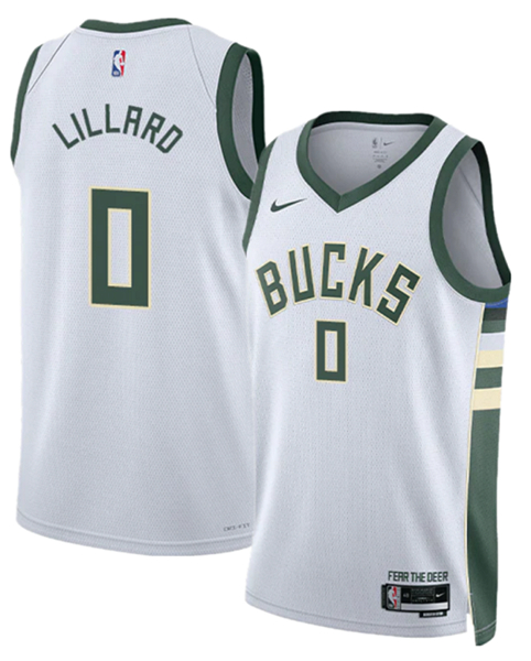 Men's Milwaukee Bucks #0 Damian Lillard White Icon Edition Stitched Basketball Jersey