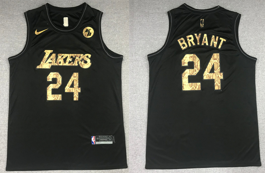 Men's Los Angeles Lakers #24 Kobe Bryant Black Mamba Snake With Gold Number Stitched NBA Jersey