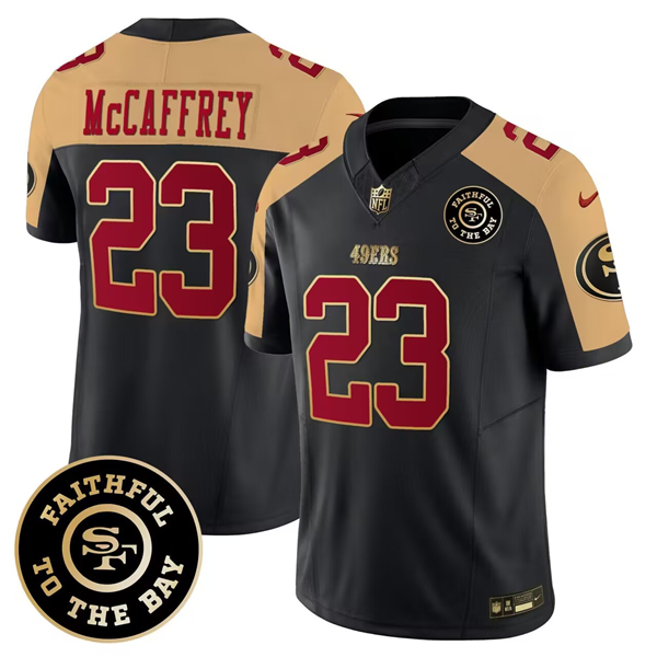 Men's San Francisco 49ers #23 Christian McCaffrey Black/Gold 2023 F.U.S.E. Faithful To The Bay Patch Football Stitched Jersey