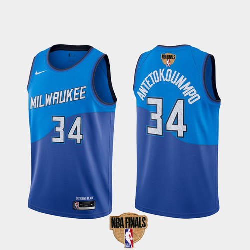 Men's Nike Milwaukee Bucks #34 Giannis Antetokounmpo 2021 NBA Finals Blue City Edition Stitched Jersey (Check description if you want Women or Youth size)