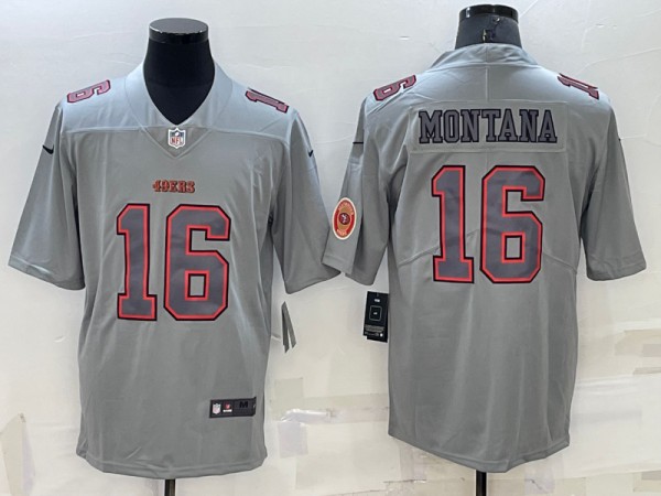 Men's San Francisco 49ers #16 Joe Montana Gray With Patch Atmosphere Fashion Stitched Jersey