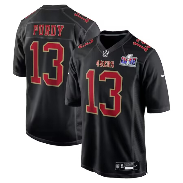 Men's San Francisco 49ers #13 Brock Purdy Black Super Bowl LVIII Patch Carbon Fashion Football Stitched Game Jersey