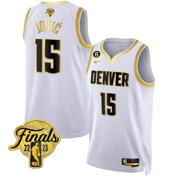 Men's Denver Nuggets #15 Nikola Jokic White 2023 Finals Collection With NO.6 Patch Stitched Basketball Jersey