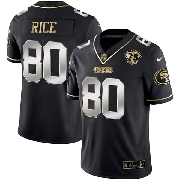 Men's San Francisco 49ers #80 Jerry Rice Black Gold Edition With 75th Anniversary Patch Football Stitched Jersey