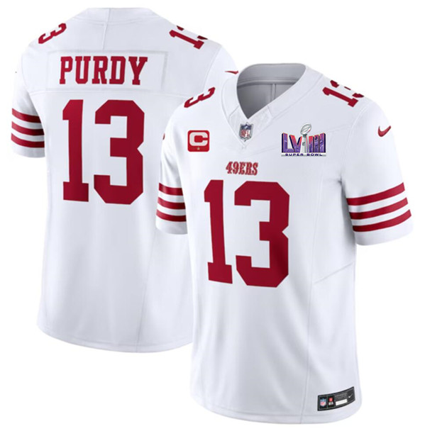 Men's San Francisco 49ers #13 Brock Purdy White 2024 F.U.S.E. Super Bowl LVIII Patch And 1-star C Patch Vapor Untouchable Limited Football Stitched Jersey