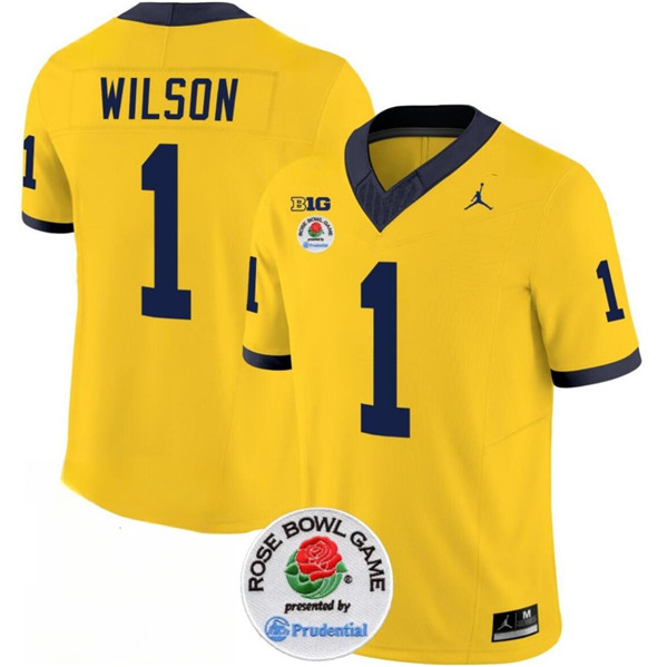 Men's Michigan Wolverines #1 Roman Wilson 2023 F.U.S.E. Yellow Rose Bowl Patch Stitched Jersey