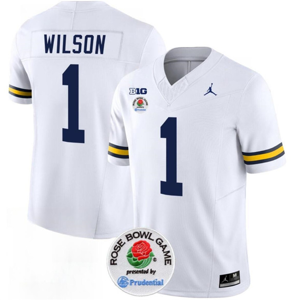 Men's Michigan Wolverines #1 Roman Wilson 2023 F.U.S.E. White Rose Bowl Patch Stitched Jersey