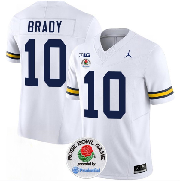 Men's Michigan Wolverines #10 Tom Brady 2023 F.U.S.E. White Rose Bowl Patch Stitched Jersey