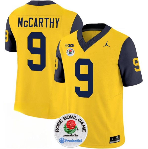Men's Michigan Wolverines #9 J.J. McCarthy 2023 F.U.S.E. Yellow/Navy Rose Bowl Patch Stitched Jersey