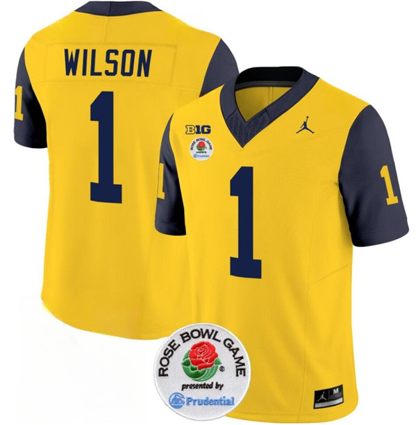 Men's Michigan Wolverines #1 Roman Wilson 2023 F.U.S.E. Yellow/Navy Rose Bowl Patch Stitched Jersey
