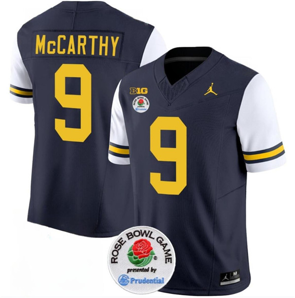 Men's Michigan Wolverines #9 J.J. McCarthy 2023 F.U.S.E. Navy/White Rose Bowl Patch Stitched Jersey