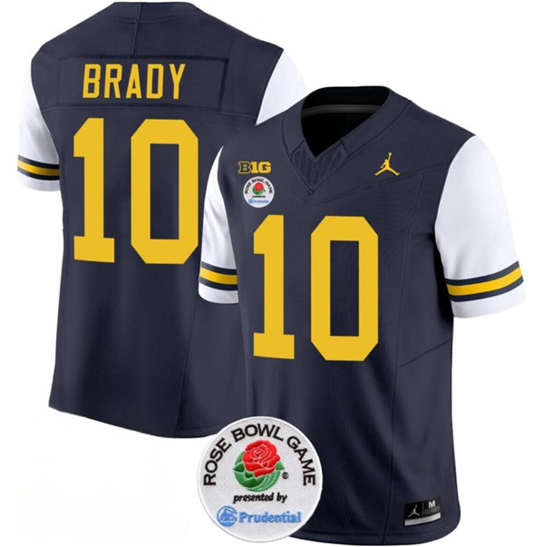 Men's Michigan Wolverines #10 Tom Brady 2023 F.U.S.E. Navy/White Rose Bowl Patch Stitched Jersey