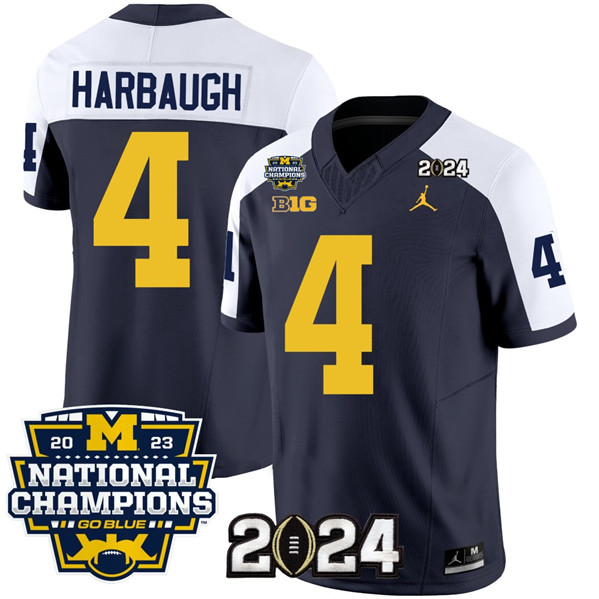 Men's Michigan Wolverines #4 Jim Harbaugh Navy/White 2024 F.U.S.E. With 2023 National Champions Patch Stitched Jersey