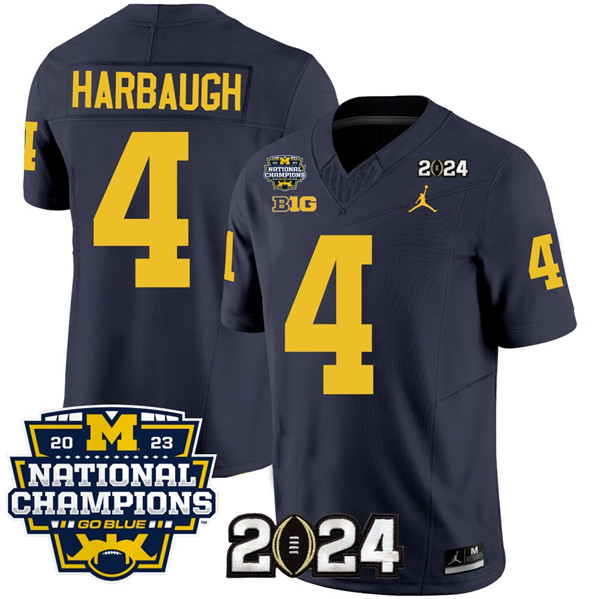 Men's Michigan Wolverines #4 Jim Harbaugh Navy 2024 F.U.S.E. With 2023 National Champions Patch Stitched Jersey