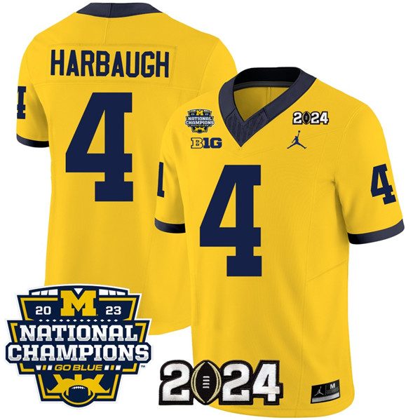 Men's Michigan Wolverines #4 Jim Harbaugh Yellow 2024 F.U.S.E. With 2023 National Champions Patch Stitched Jersey