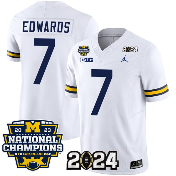 Men's Michigan Wolverines #7 Donovan Edwards White 2024 F.U.S.E. With 2023 National Champions Patch Stitched Jersey