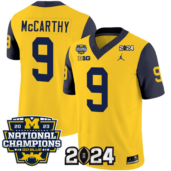 Men's Michigan Wolverines #9 J.J. McCarthy Yellow/Navy 2024 F.U.S.E. With 2023 National Champions Patch Stitched Jersey