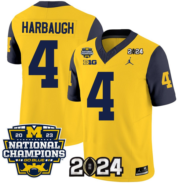 Men's Michigan Wolverines #4 Jim Harbaugh Yellow/Navy 2024 F.U.S.E. With 2023 National Champions Patch Stitched Jersey