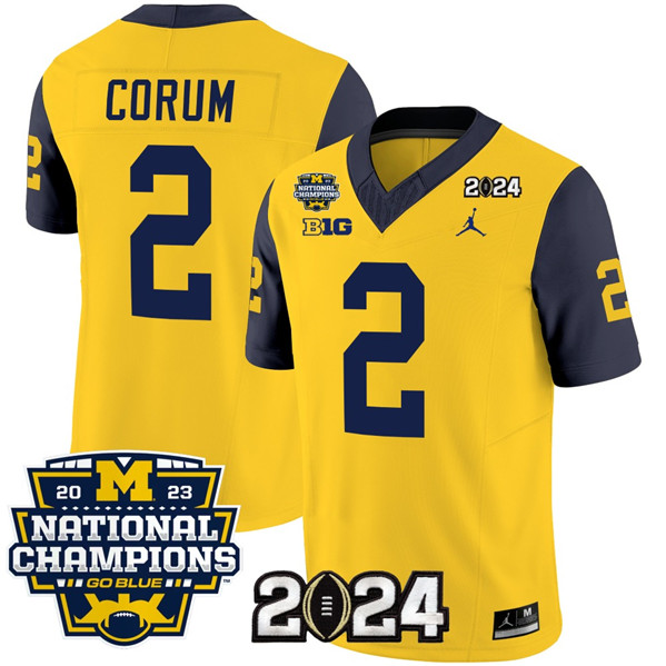 Men's Michigan Wolverines #2 Blake Corum Yellow/Navy 2024 F.U.S.E. With 2023 National Champions Patch Stitched Jersey