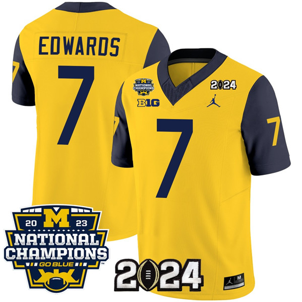 Men's Michigan Wolverines #7 Donovan Edwards Yellow/Navy 2024 F.U.S.E. With 2023 National Champions Patch Stitched Jersey
